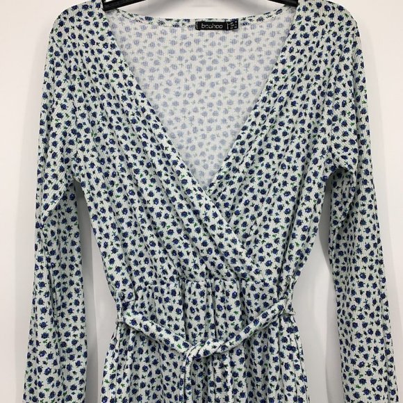 Boohoo Dress White Ditsy Floral Long Sleeve V Neck Belted Ribbed - Picture 7 of 11